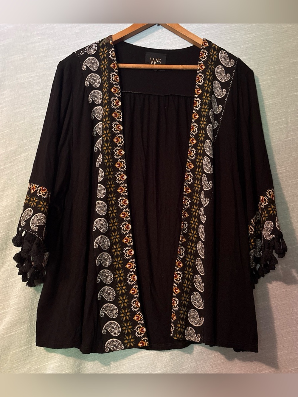 W5 Boho Cardigan Open Front Short Sleeve Black/Paisley Print Women’s Sz M